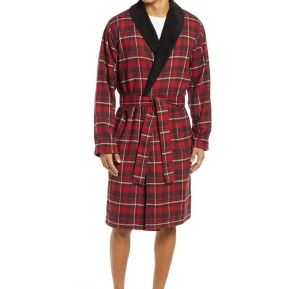 NWT UGG MEN'S KALIB PLAID FLANNEL LINED BATH ROBE RED‎ BLACK M/L